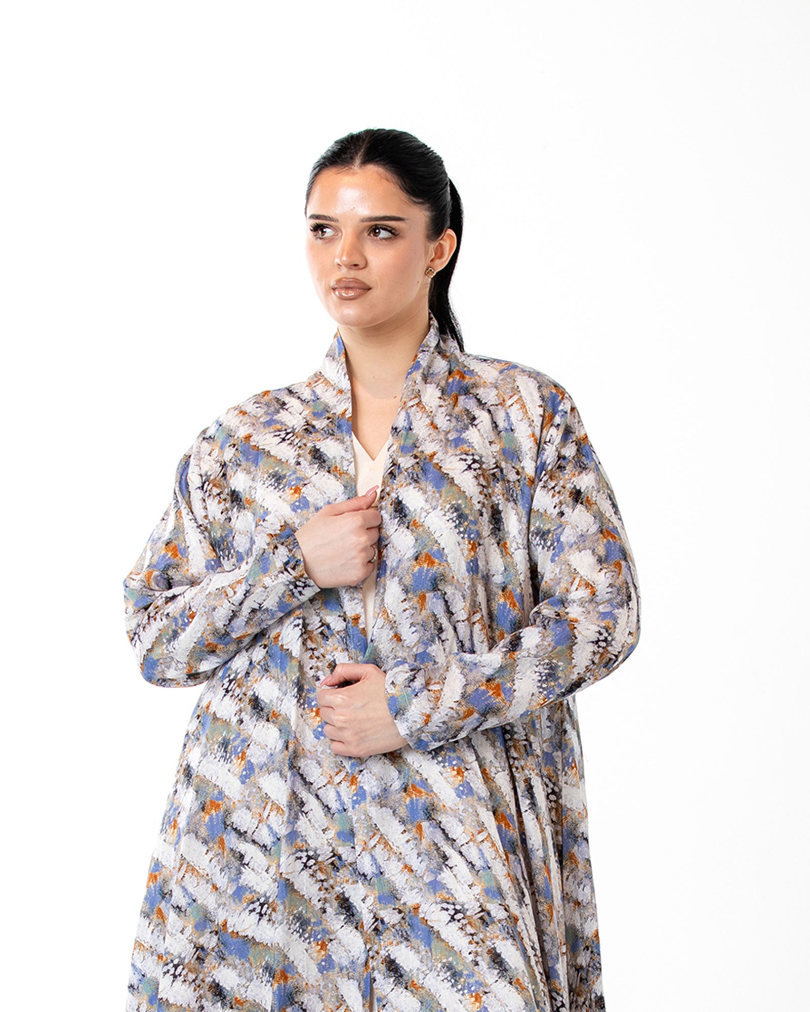 Sage – Printed Linen Asymmetrical Abaya