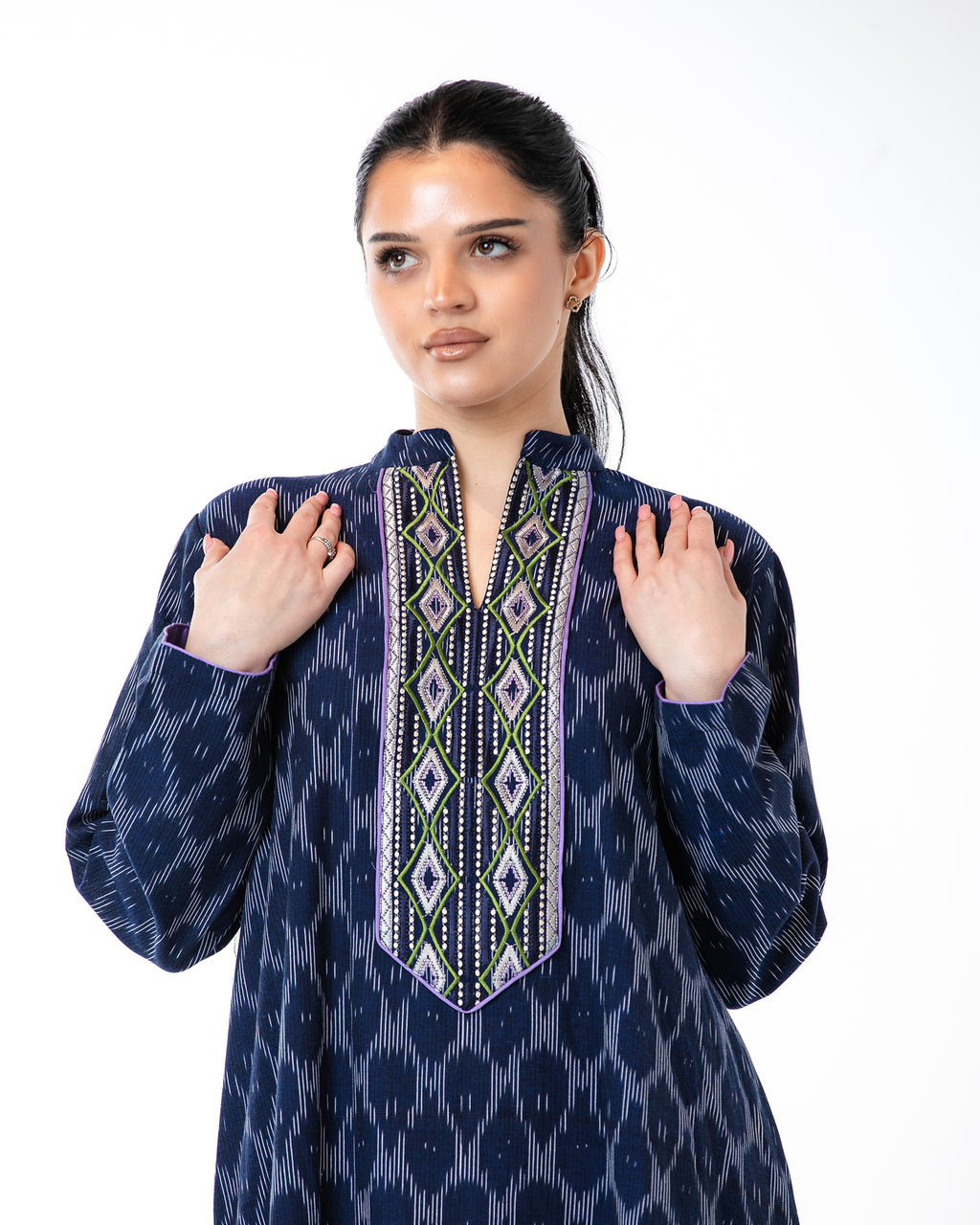 Raneem – Cotton Ikat Embroidered Dress