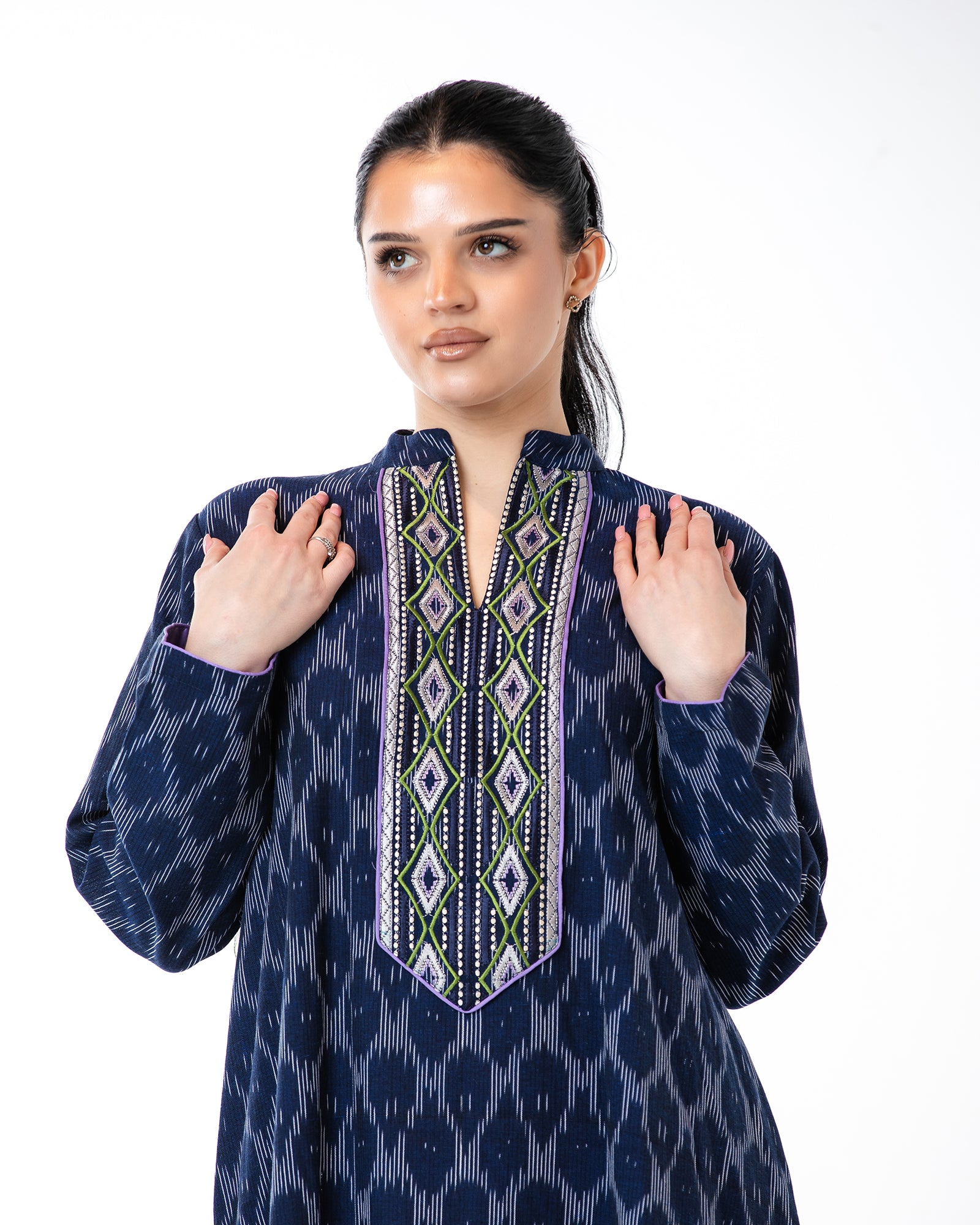 Raneem – Cotton Ikat Embroidered Dress