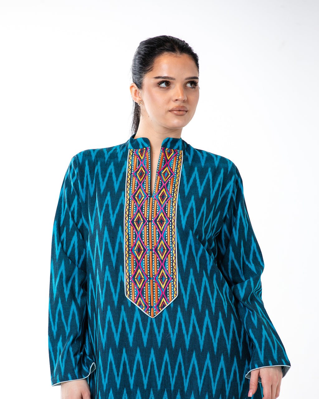 Raneem – Cotton Ikat Embroidered Dress