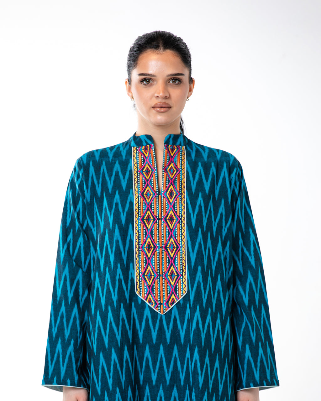 Raneem – Cotton Ikat Embroidered Dress