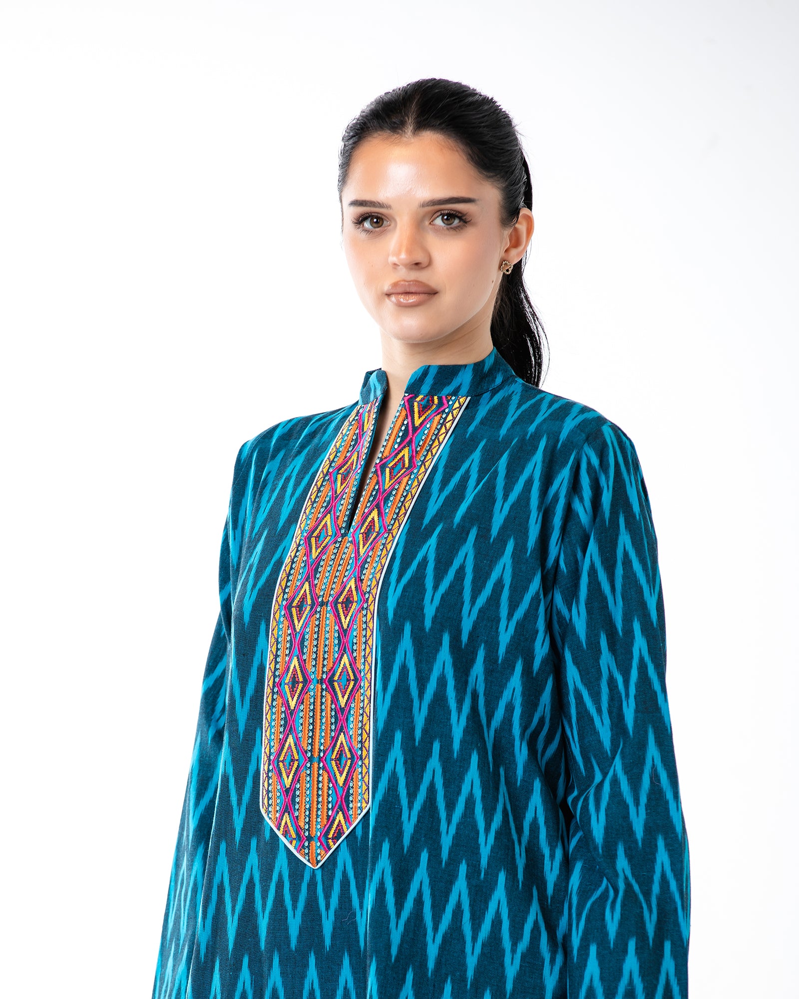 Raneem – Cotton Ikat Embroidered Dress