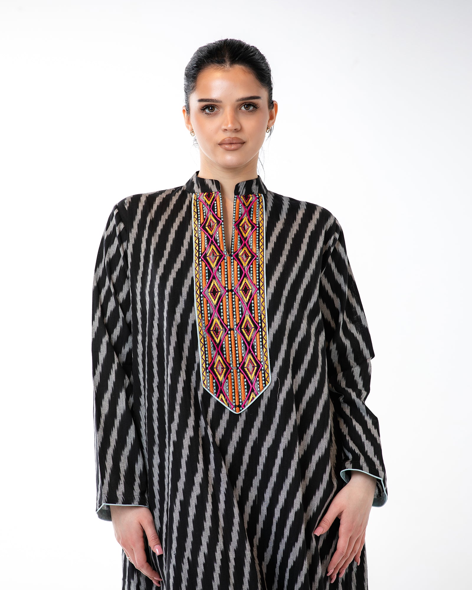Raneem – Cotton Ikat Embroidered Dress