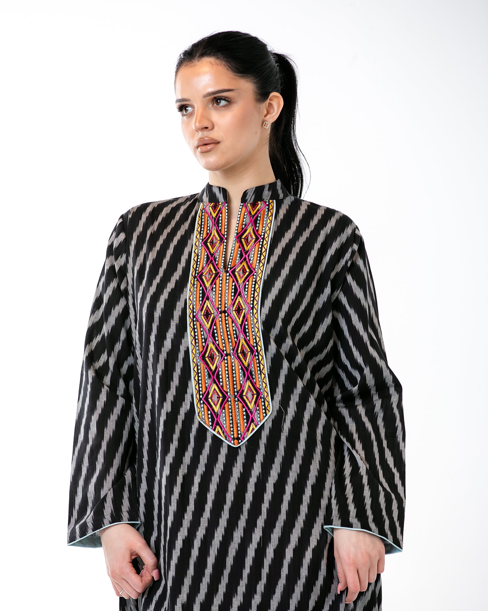 Raneem – Cotton Ikat Embroidered Dress