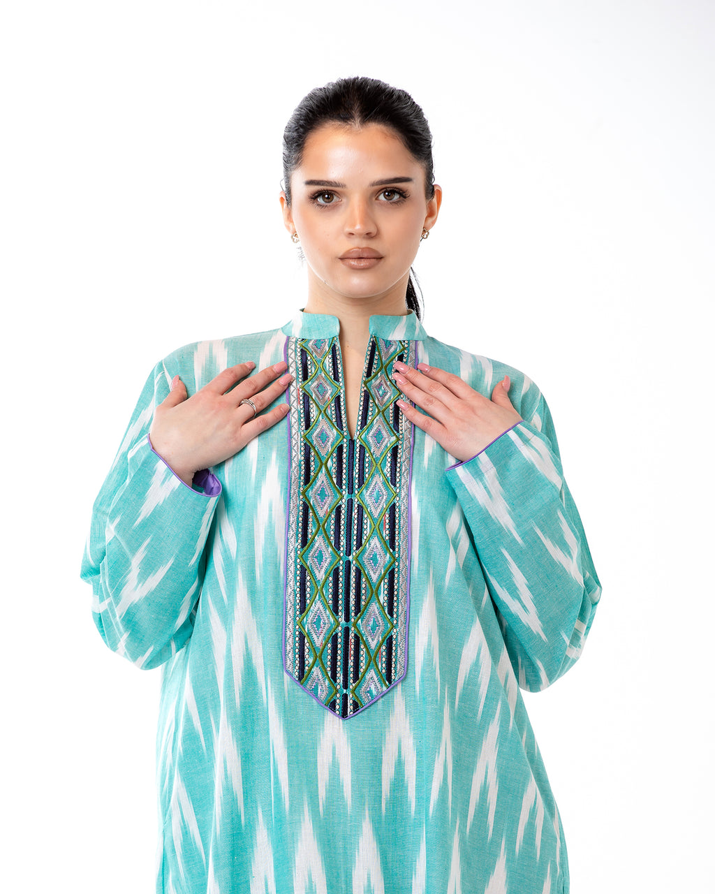 Raneem – Cotton Ikat Embroidered Dress