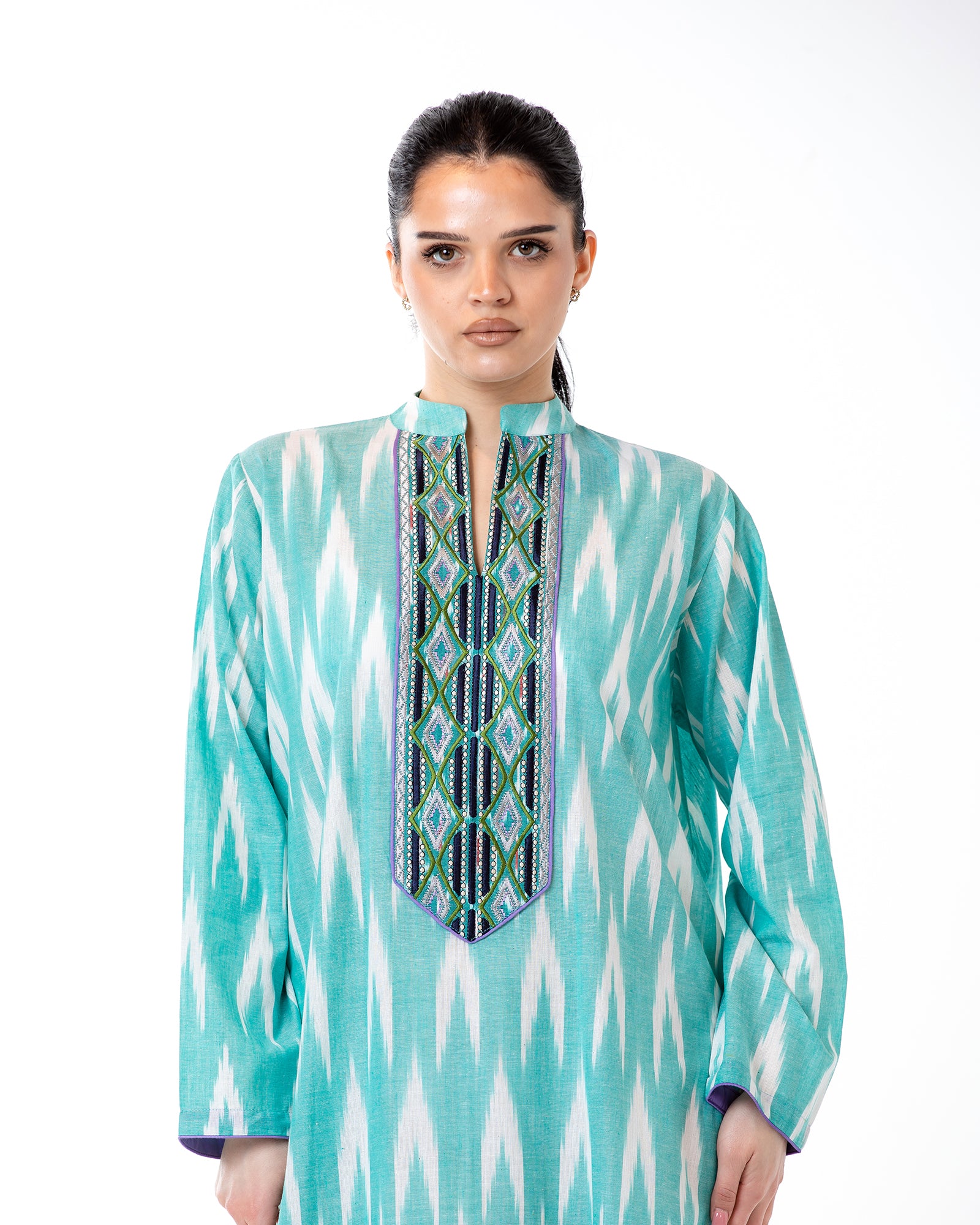 Raneem – Cotton Ikat Embroidered Dress