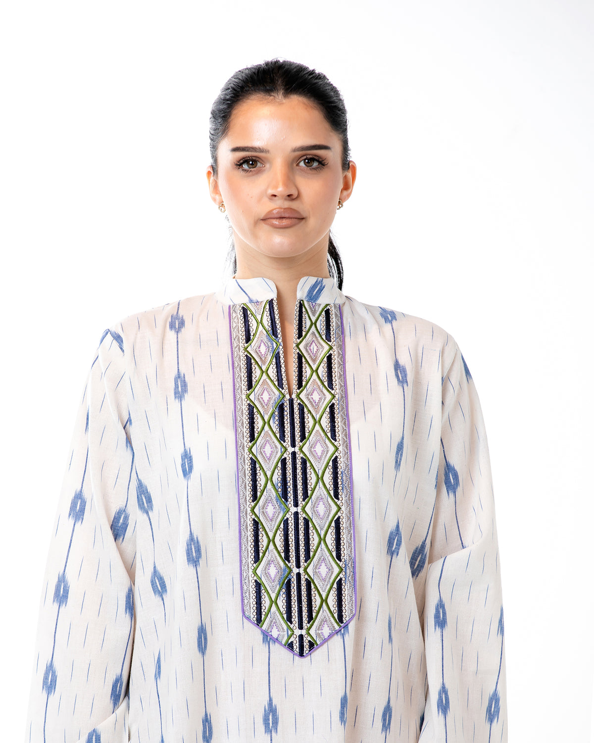 Raneem – Cotton Ikat Embroidered Dress
