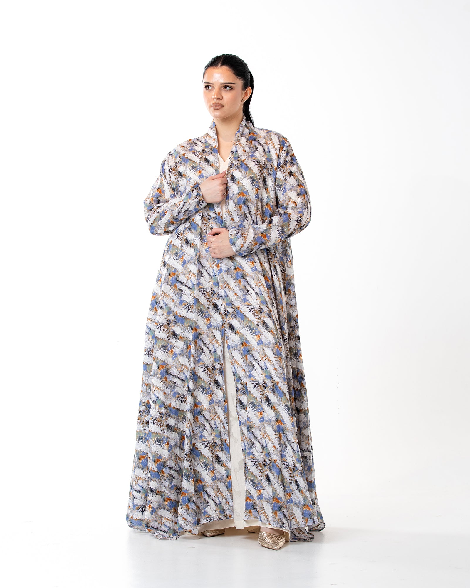 Sage – Printed Linen Asymmetrical Abaya
