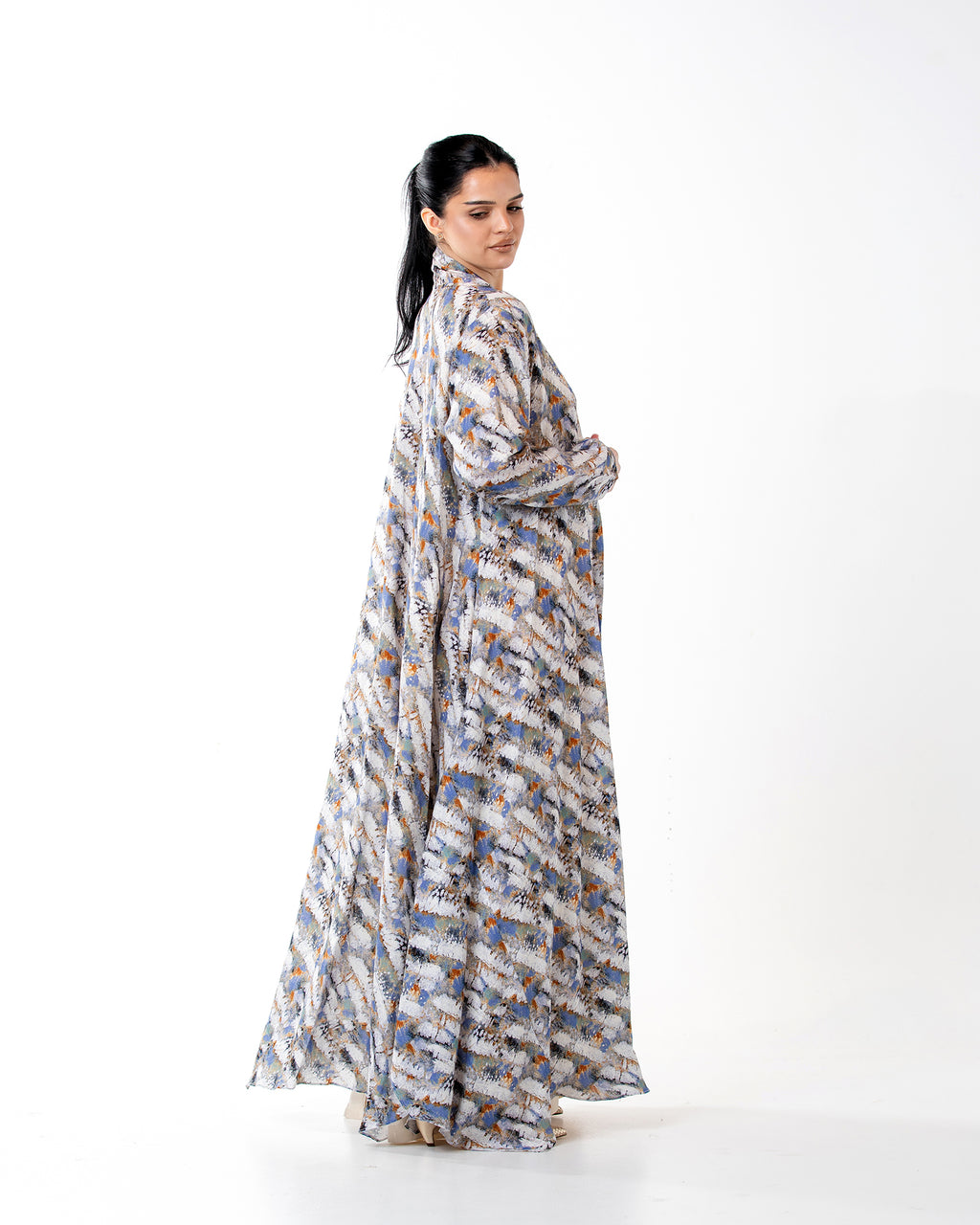 Sage – Printed Linen Asymmetrical Abaya