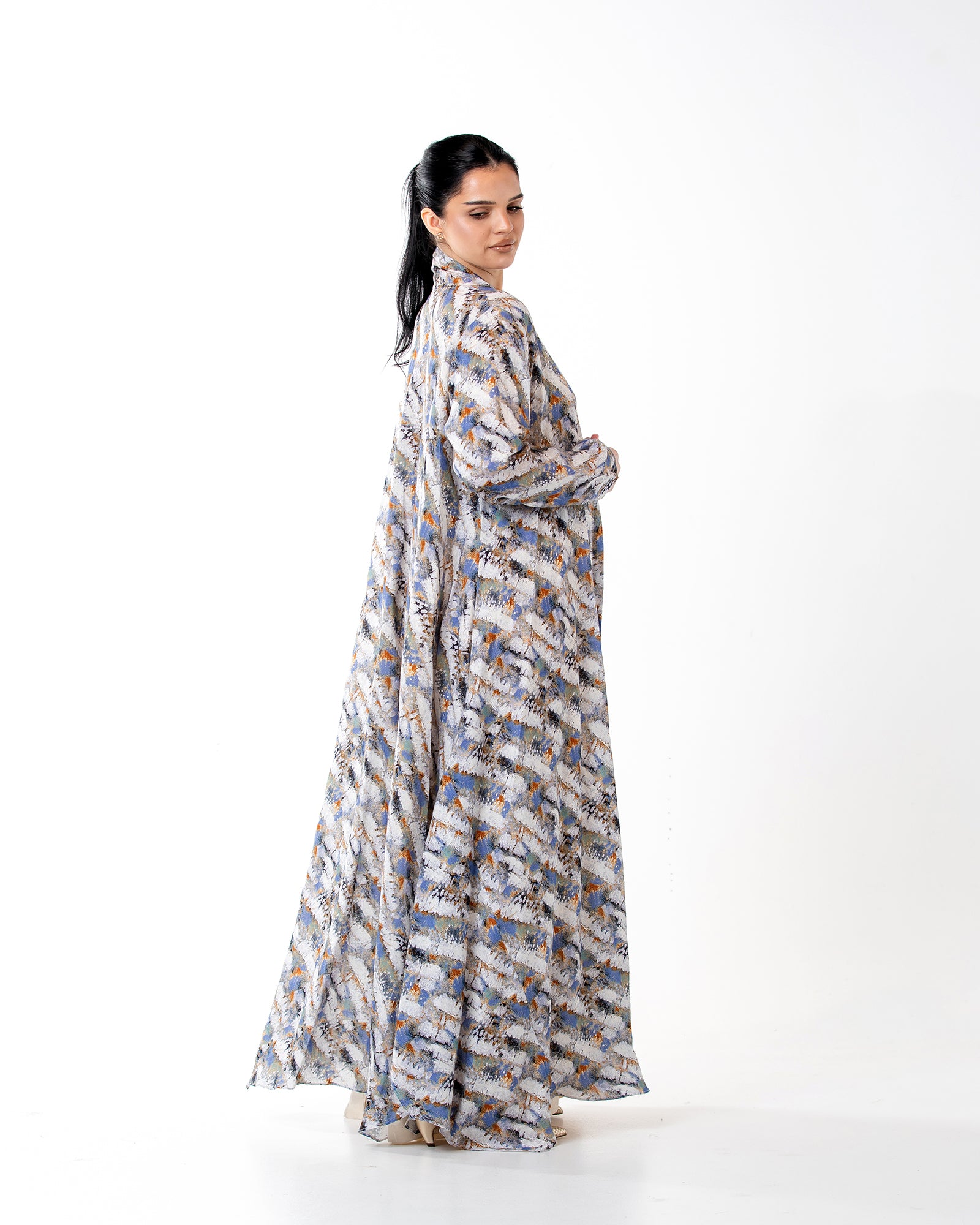 Sage – Printed Linen Asymmetrical Abaya