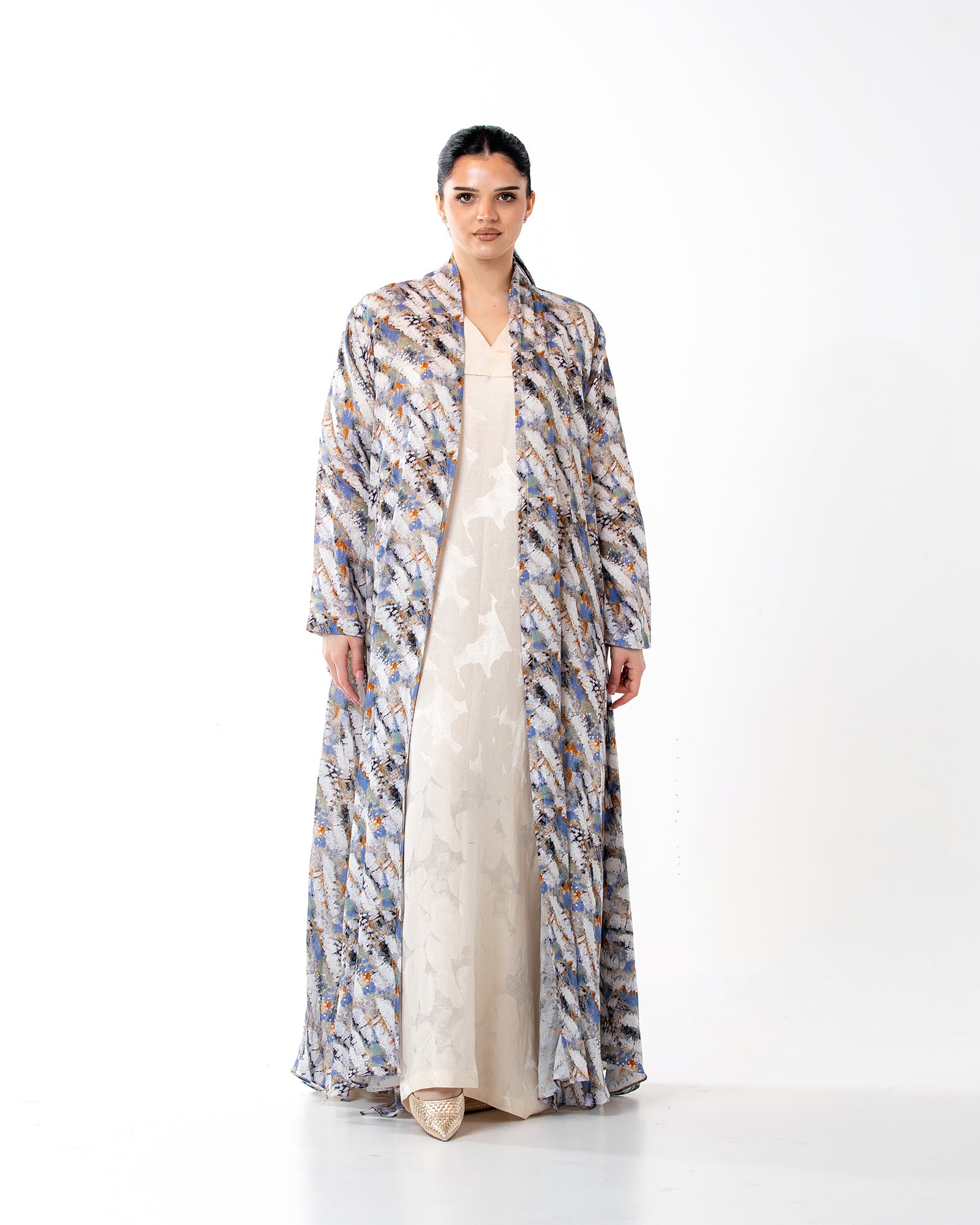 Sage – Printed Linen Asymmetrical Abaya