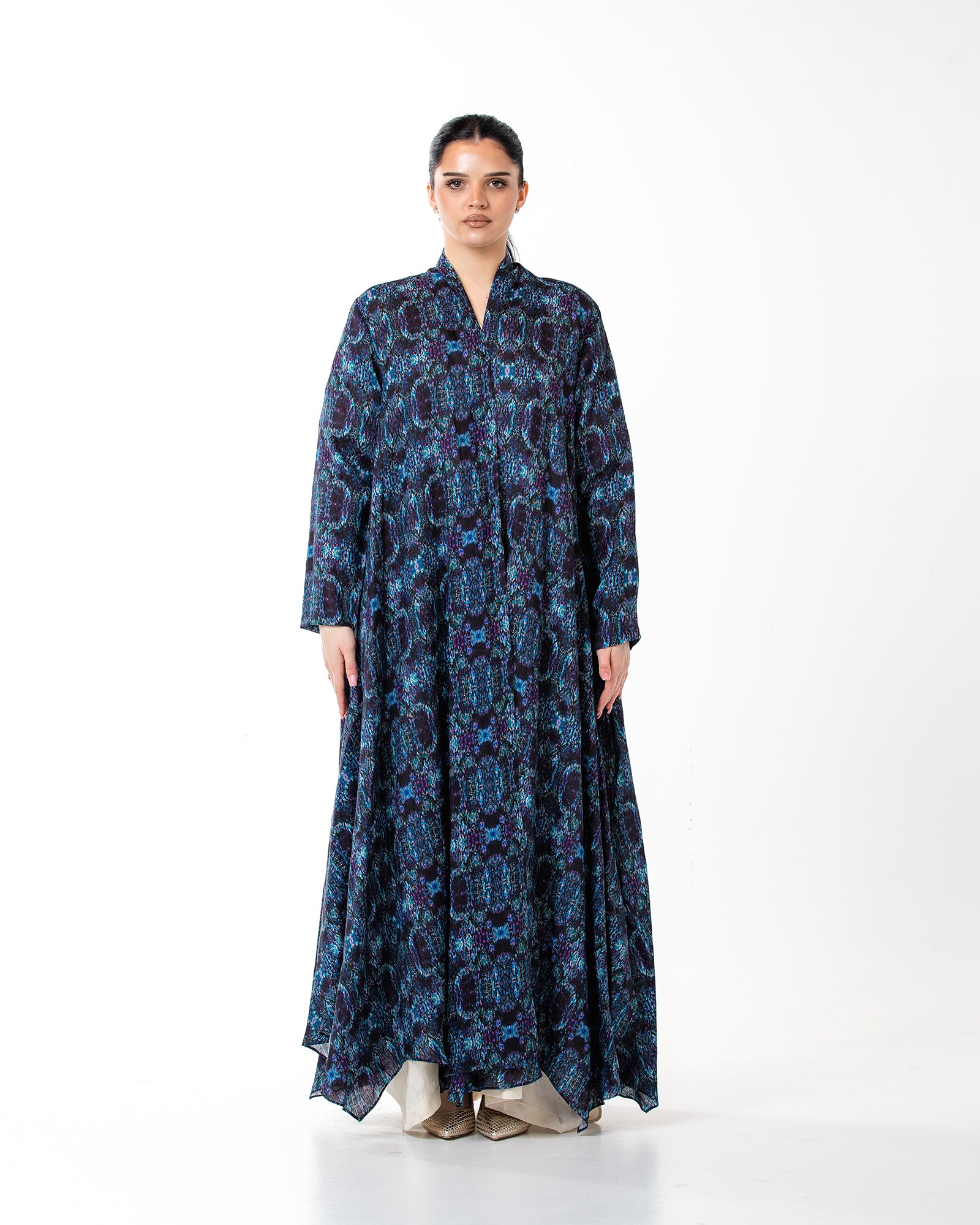 Sage – Printed Linen Asymmetrical Abaya