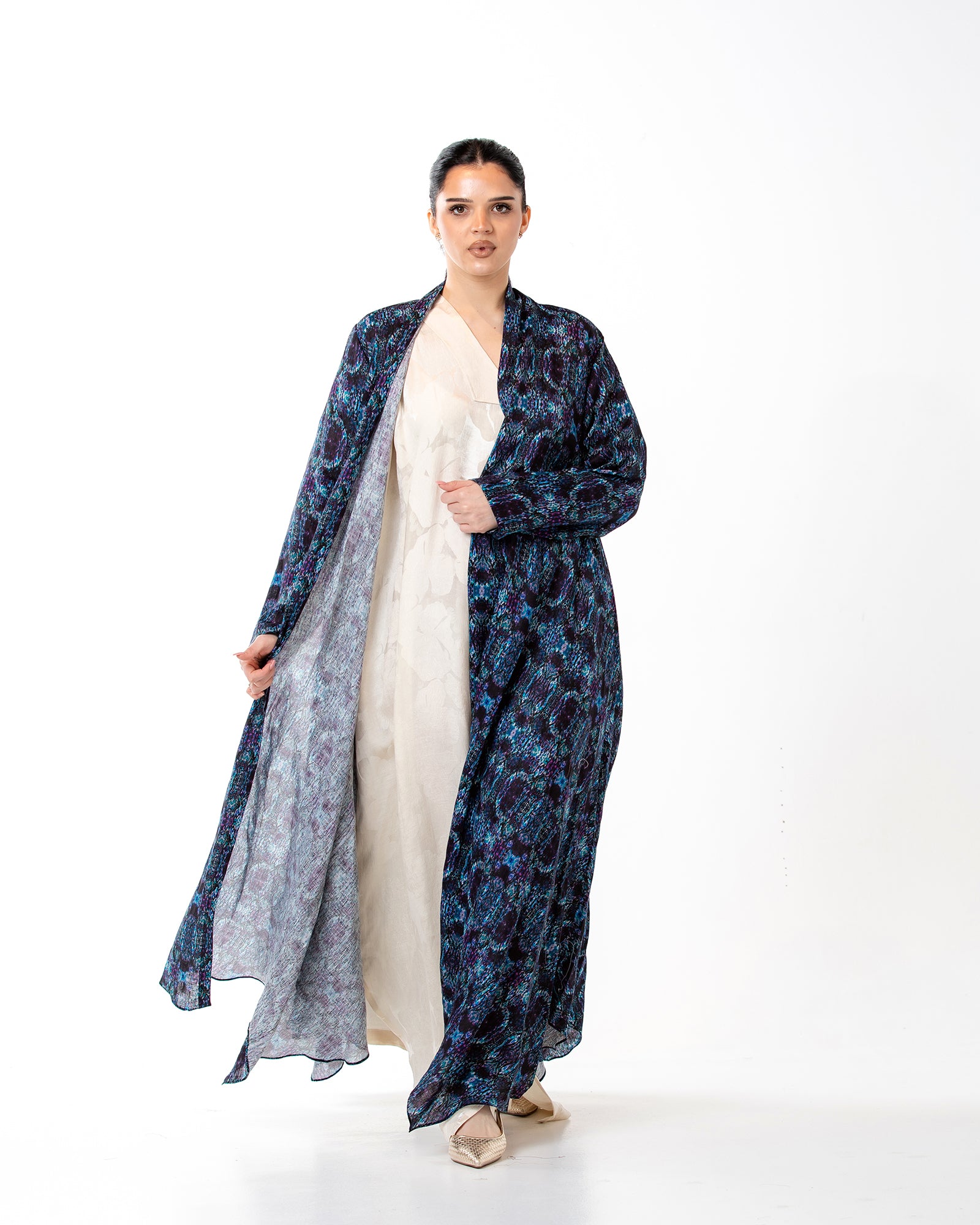Sage – Printed Linen Asymmetrical Abaya