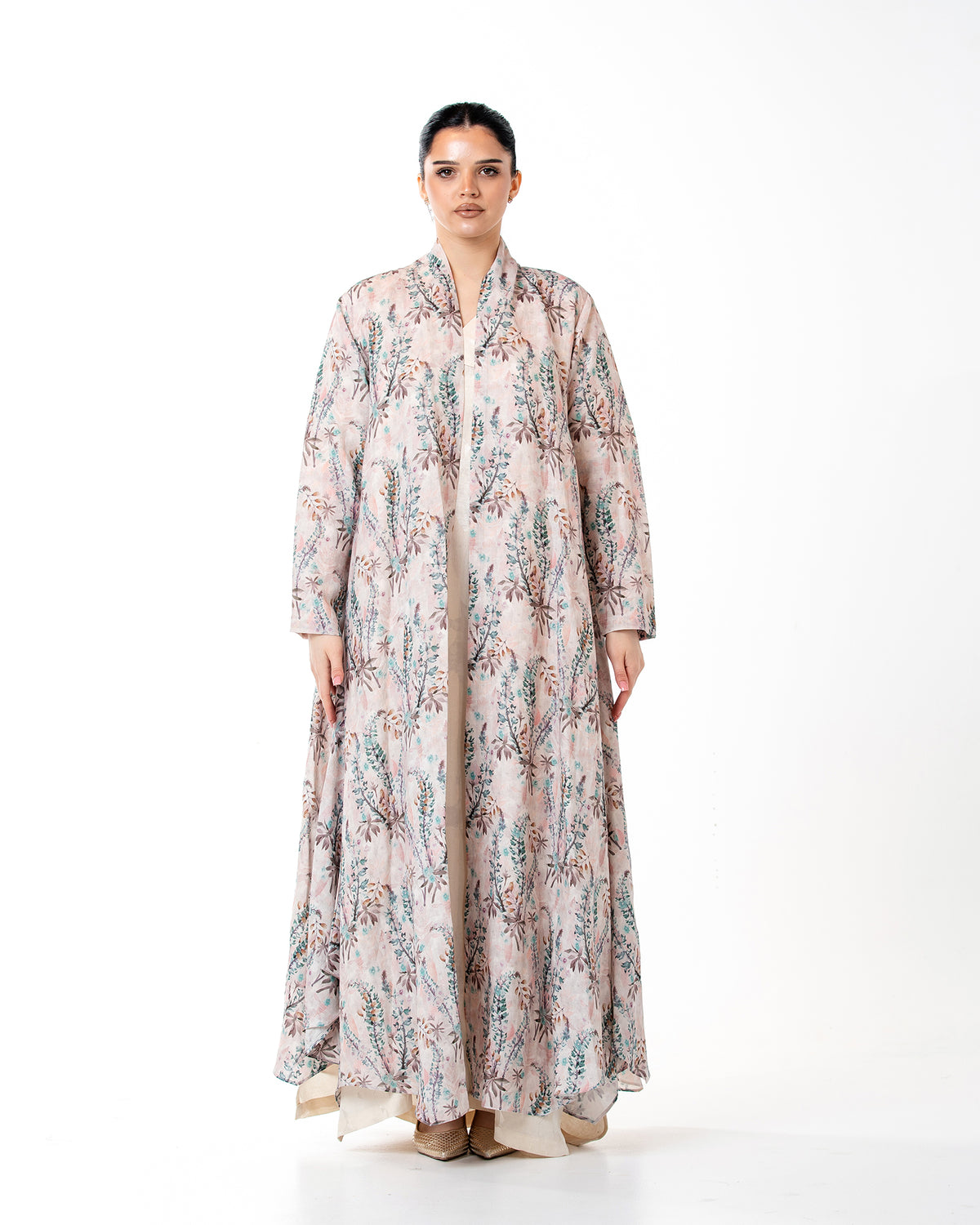 Sage – Printed Linen Asymmetrical Abaya