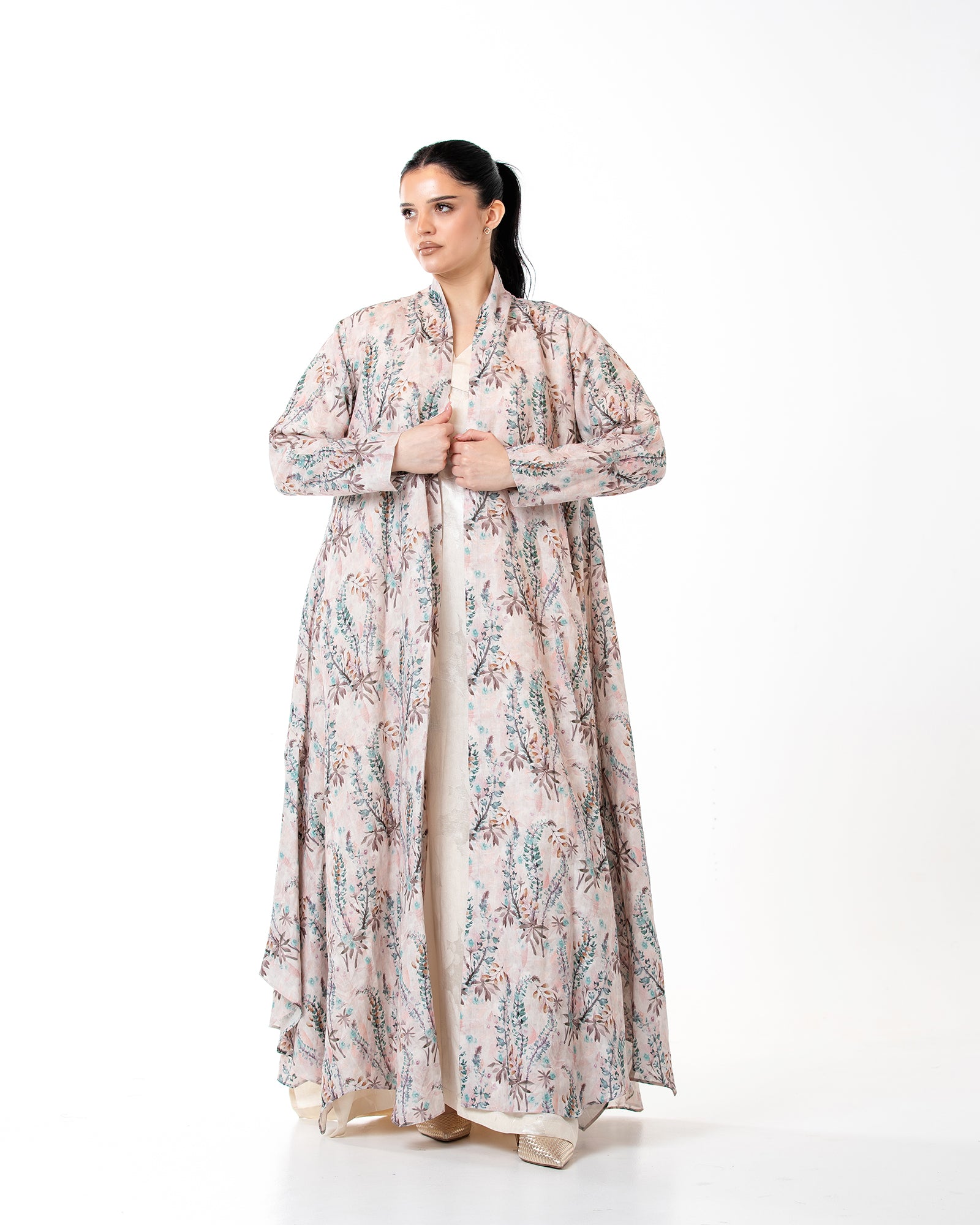 Sage – Printed Linen Asymmetrical Abaya