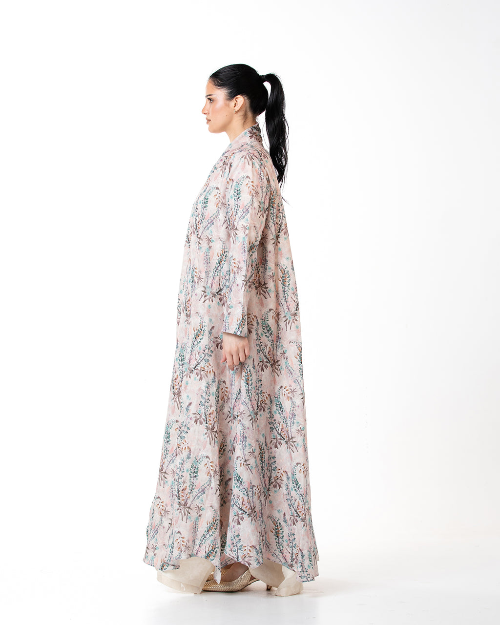 Sage – Printed Linen Asymmetrical Abaya