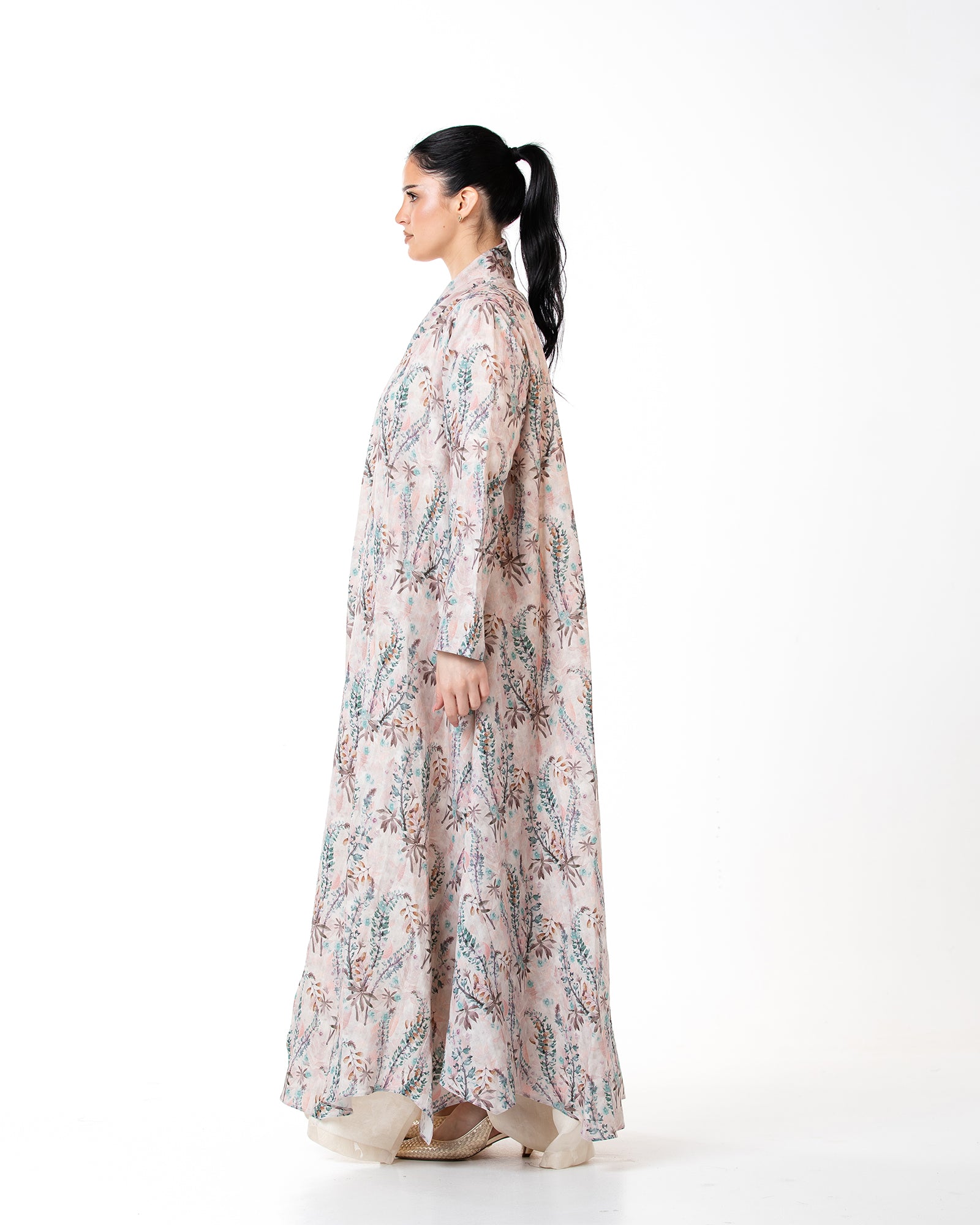 Sage – Printed Linen Asymmetrical Abaya