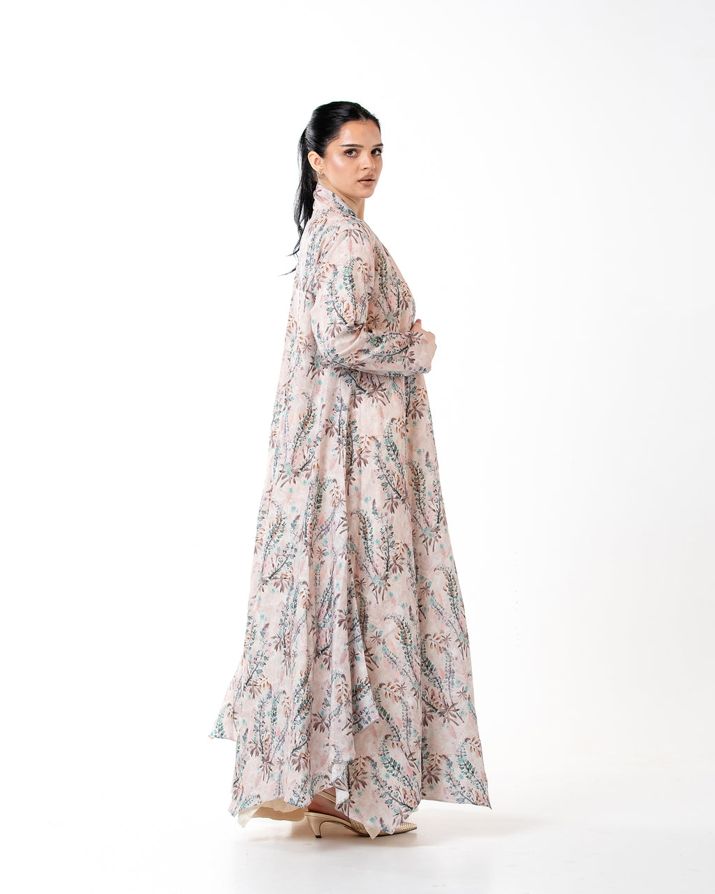 Sage – Printed Linen Asymmetrical Abaya