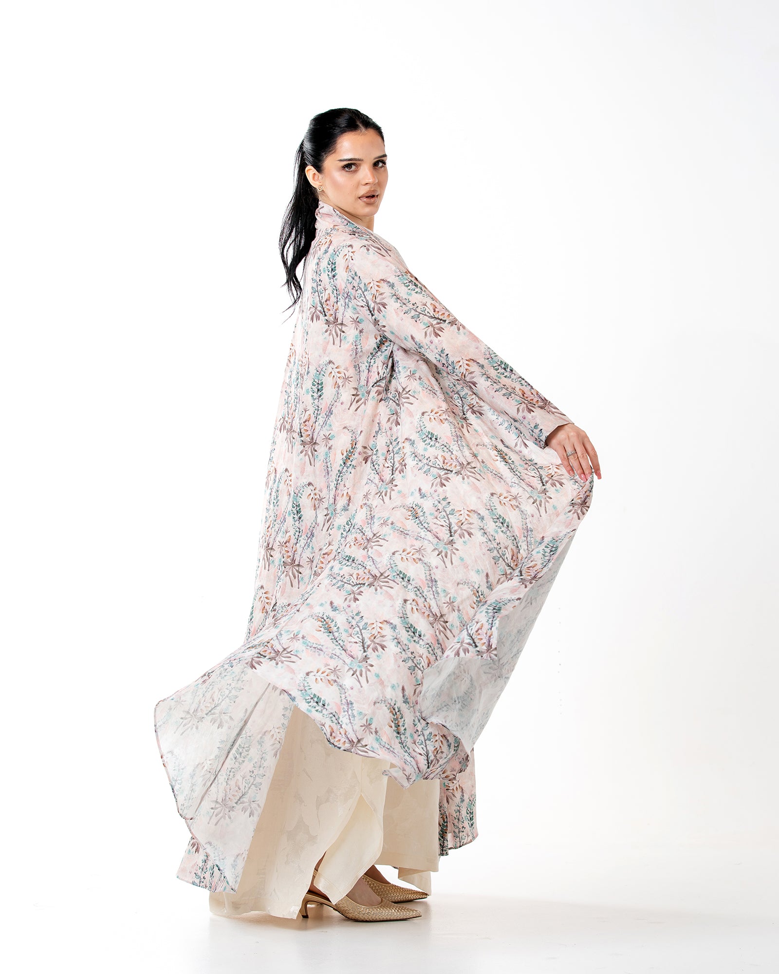 Sage – Printed Linen Asymmetrical Abaya