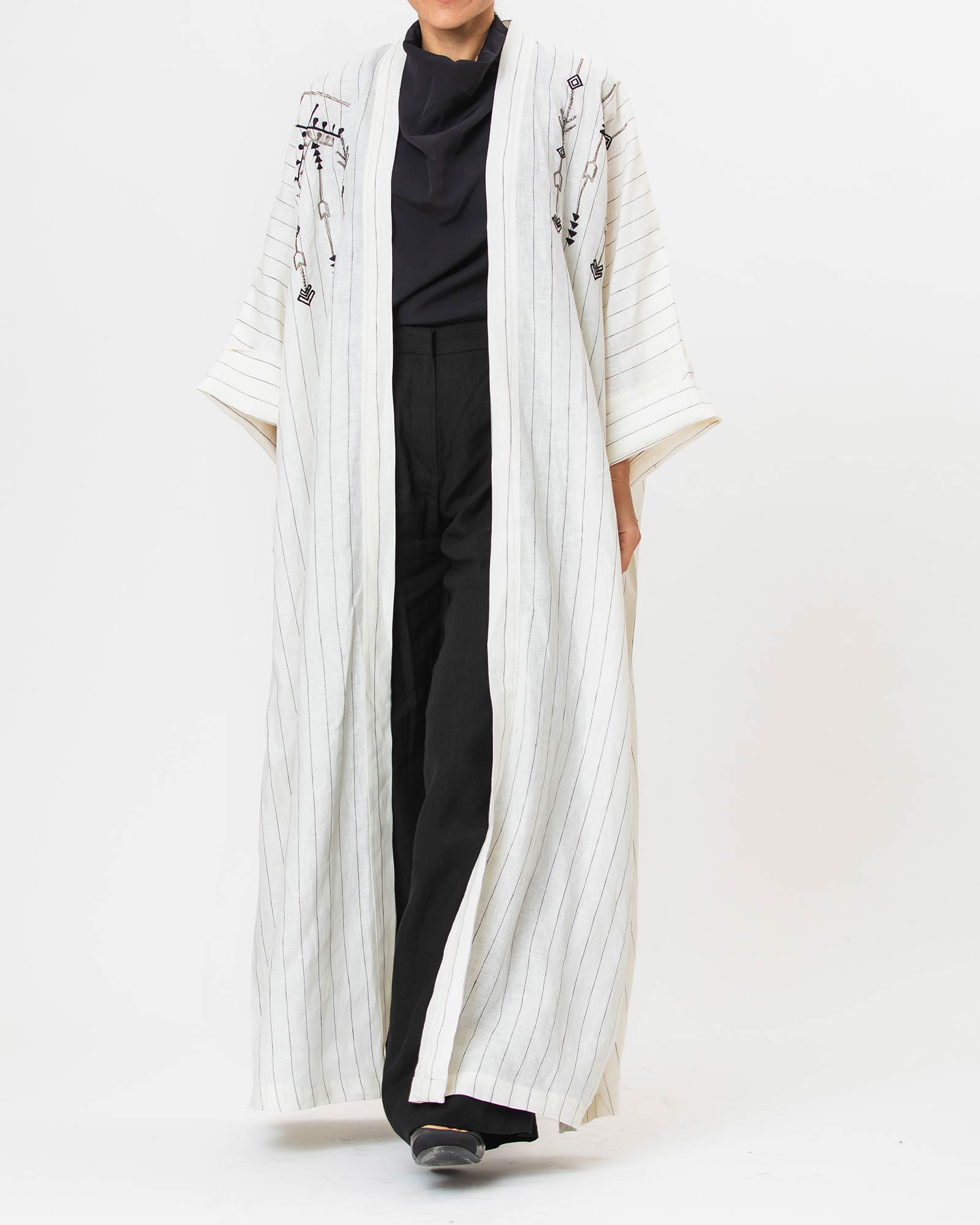 Antalya Striped – Embroidered Linen Kaftan Abaya