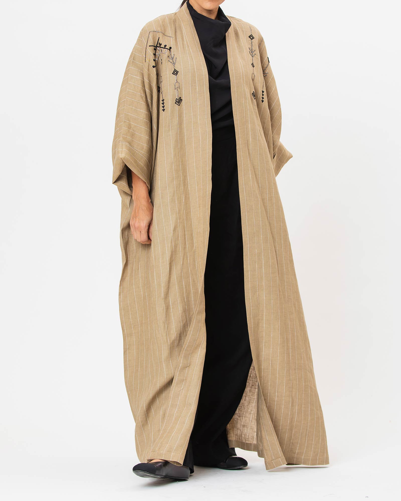 Antalya Striped – Embroidered Linen Kaftan Abaya