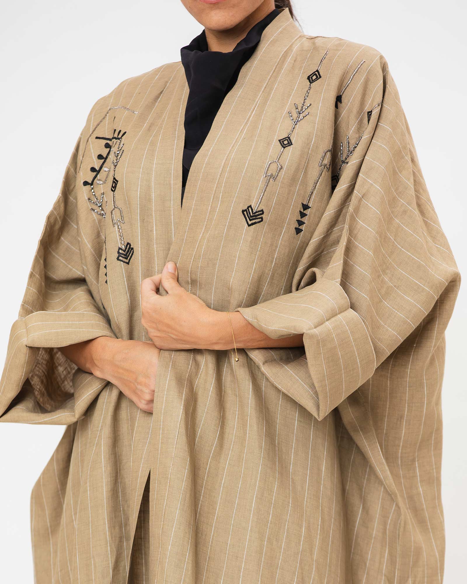 Antalya Striped – Embroidered Linen Kaftan Abaya