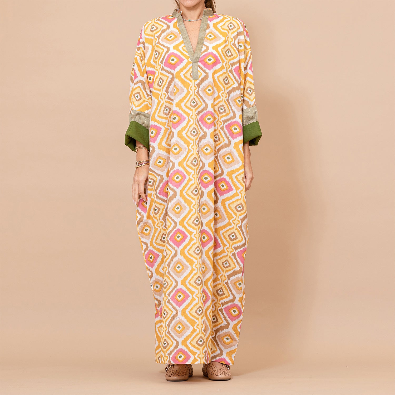 Chloe - Ikat Cotton Kaftan with Metallic Borders