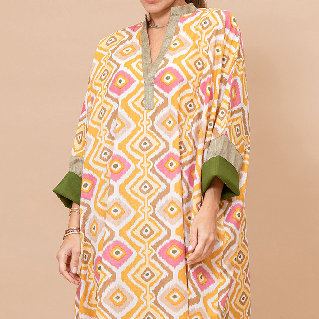 Chloe - Ikat Cotton Kaftan with Metallic Borders