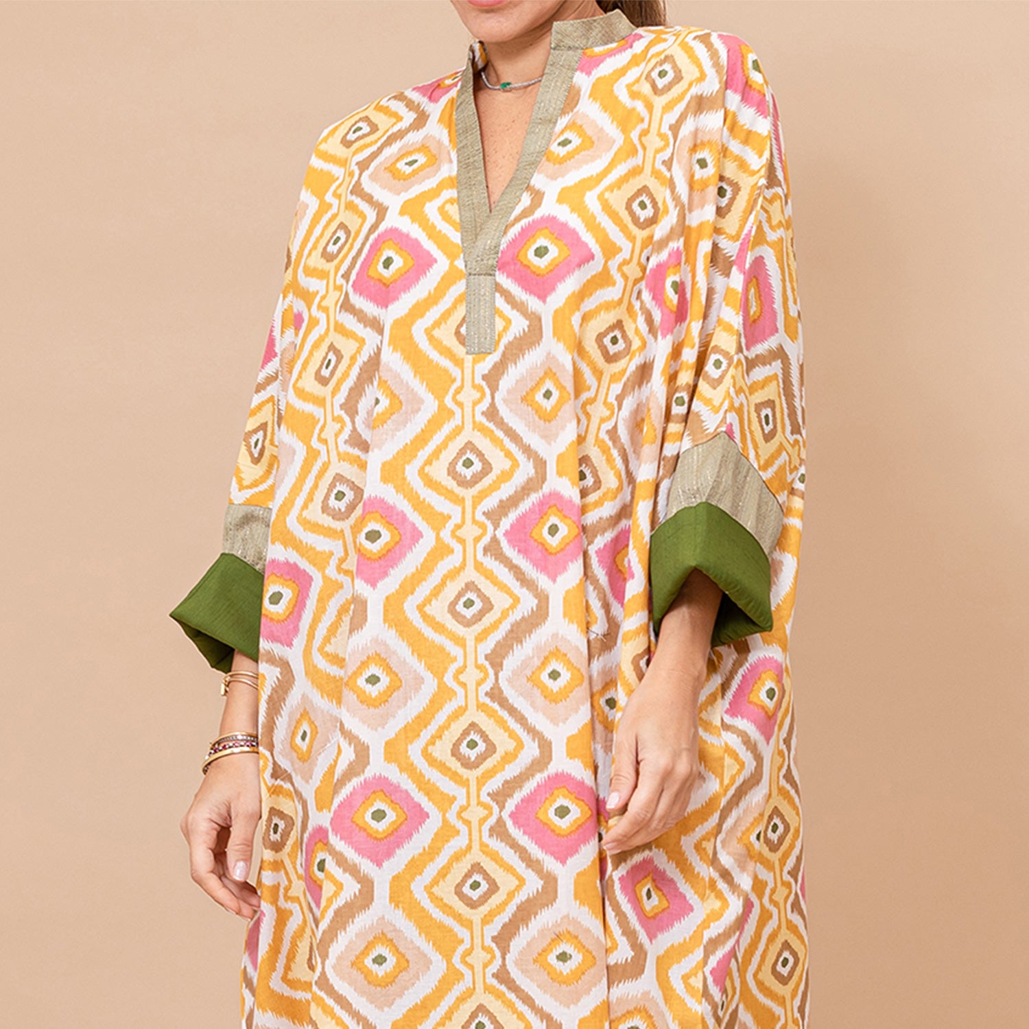 Chloe - Ikat Cotton Kaftan with Metallic Borders