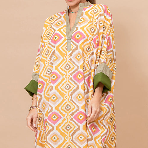 Chloe - Ikat Cotton Kaftan with Metallic Borders