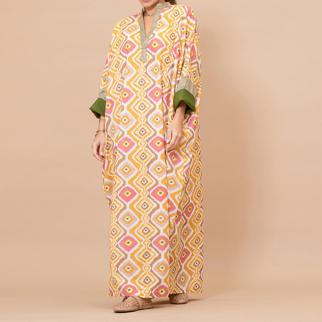 Chloe - Ikat Cotton Kaftan with Metallic Borders