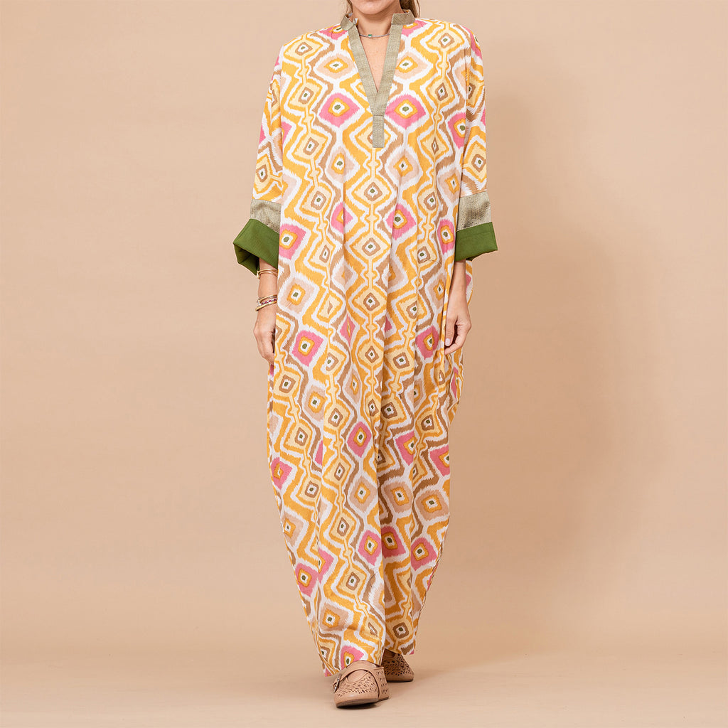 Chloe - Ikat Cotton Kaftan with Metallic Borders