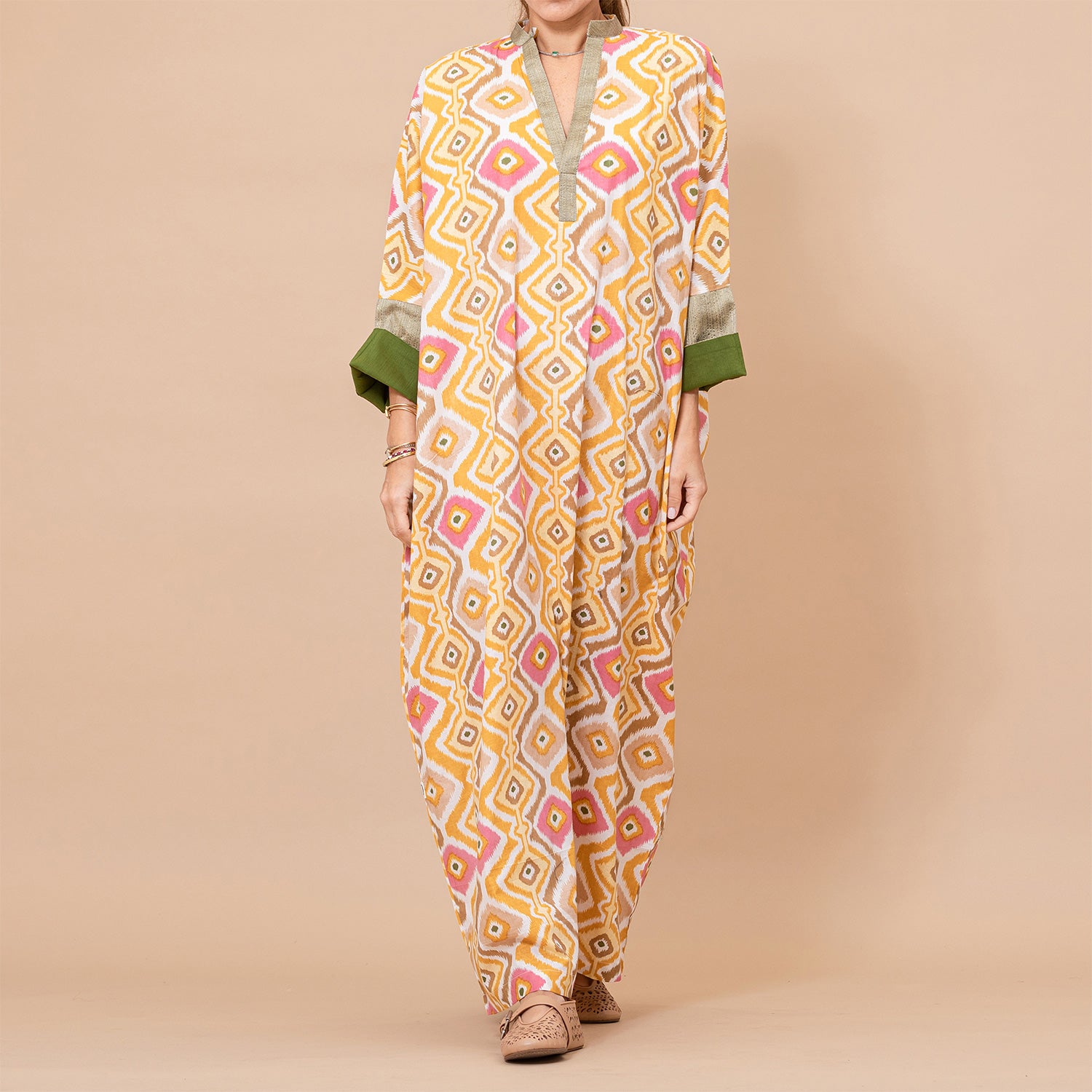 Chloe - Ikat Cotton Kaftan with Metallic Borders