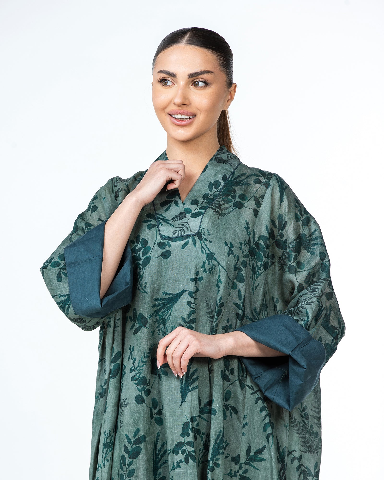 Lilian - Floral Printed Linen Flared Kaftan