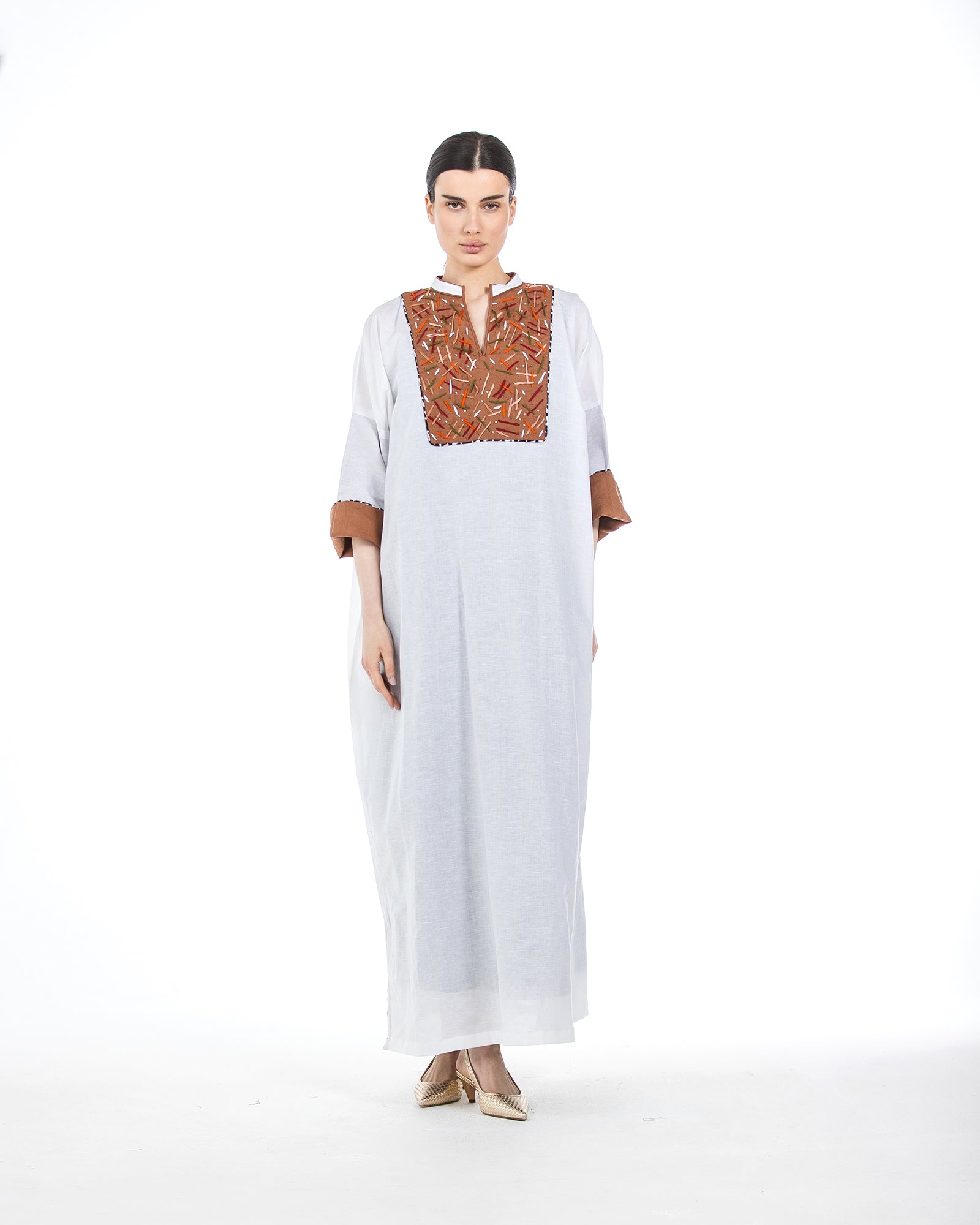 Layan – Embroidered Colorblock Linen Kaftan