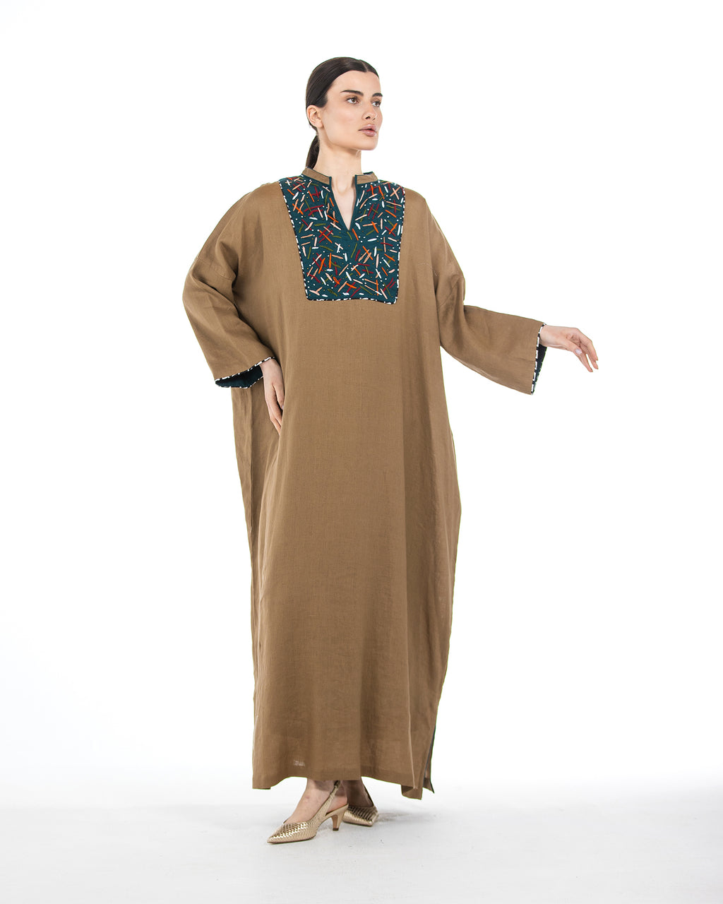 Layan – Embroidered Colorblock Linen Kaftan