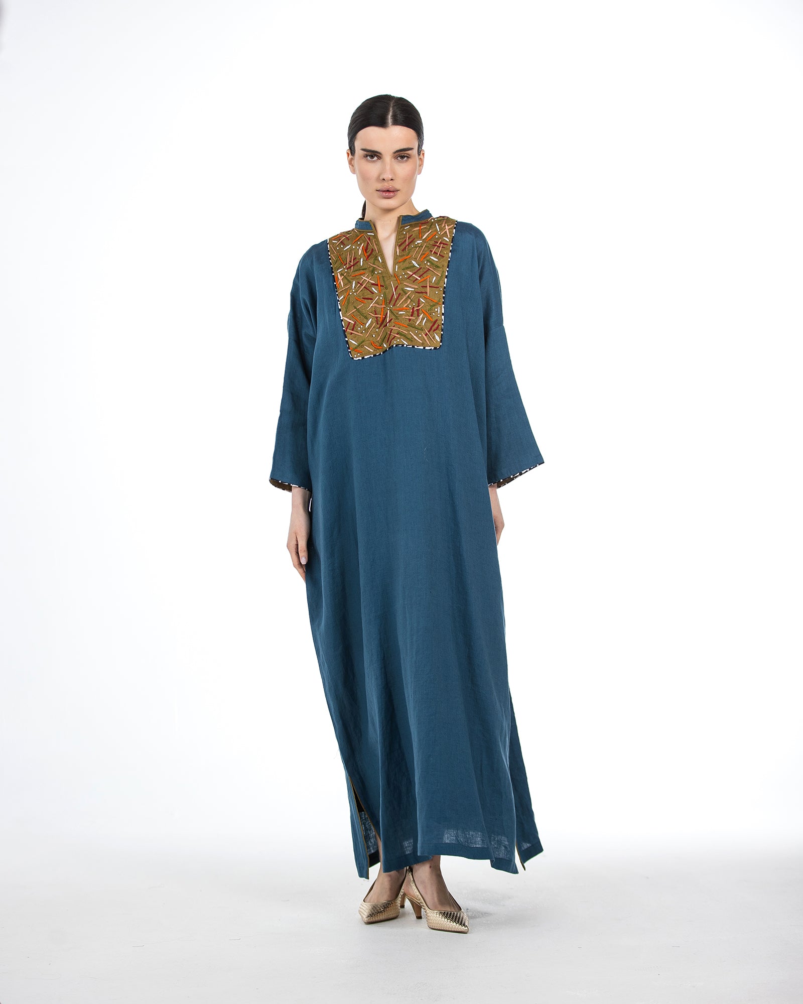 Layan – Embroidered Colorblock Linen Kaftan