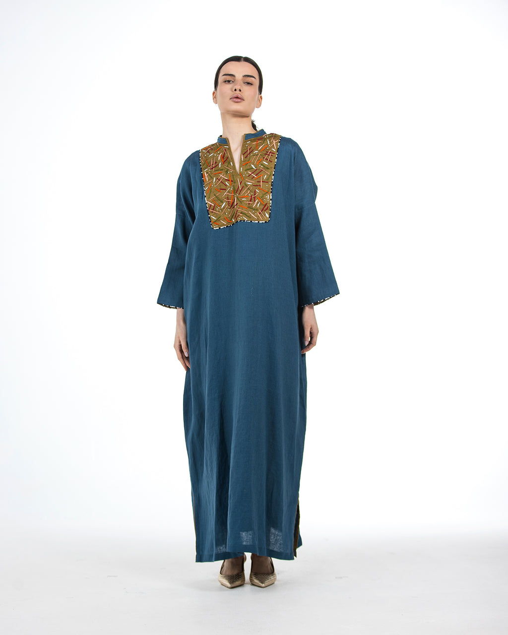 Layan – Embroidered Colorblock Linen Kaftan