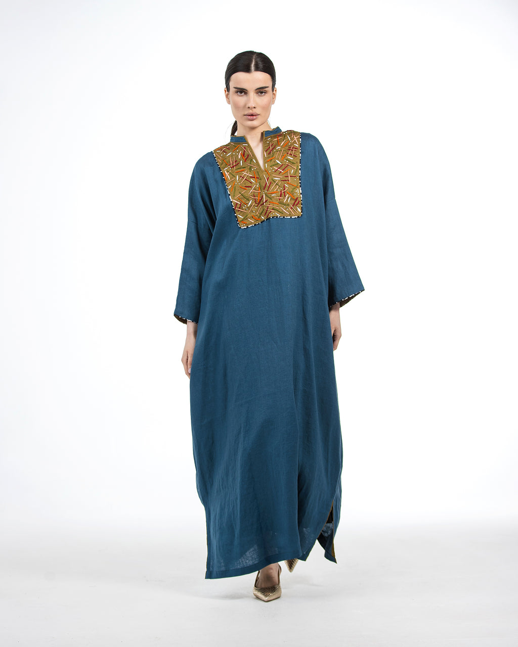 Layan – Embroidered Colorblock Linen Kaftan