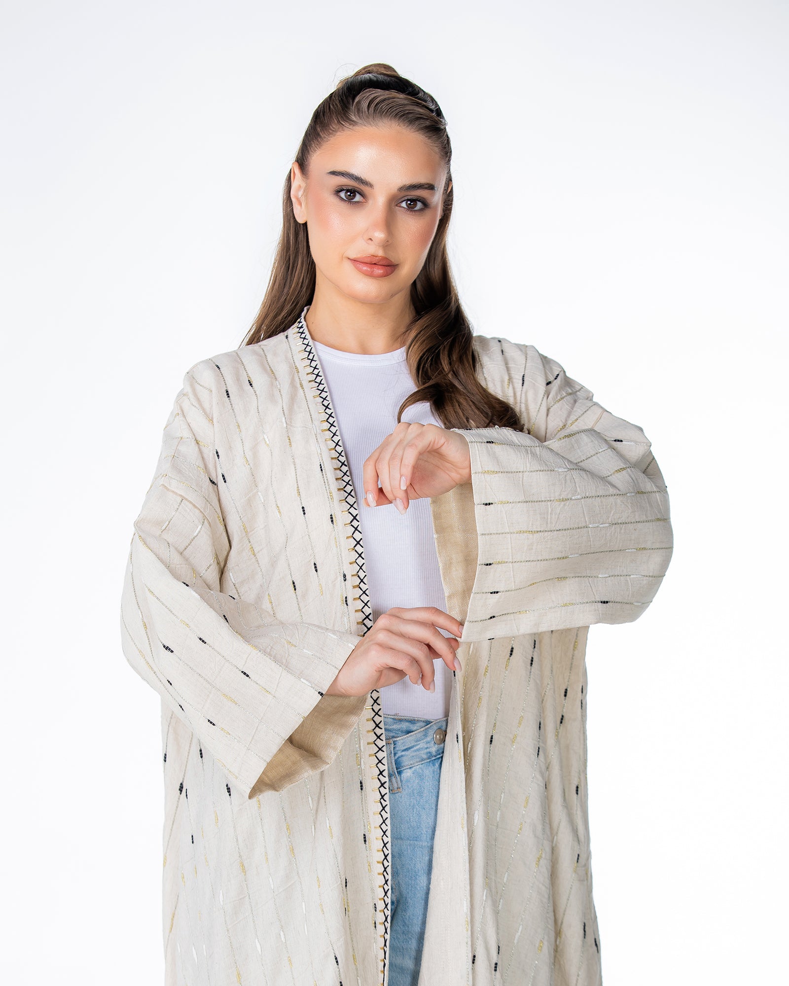 Ivory – Needlework Striped Linen Kaftan
