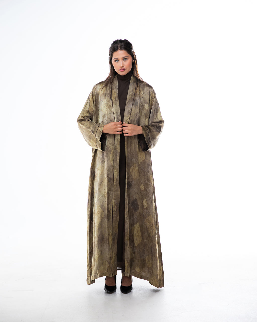 Brass 2.0 – Printed Silk Blend Flared Abaya