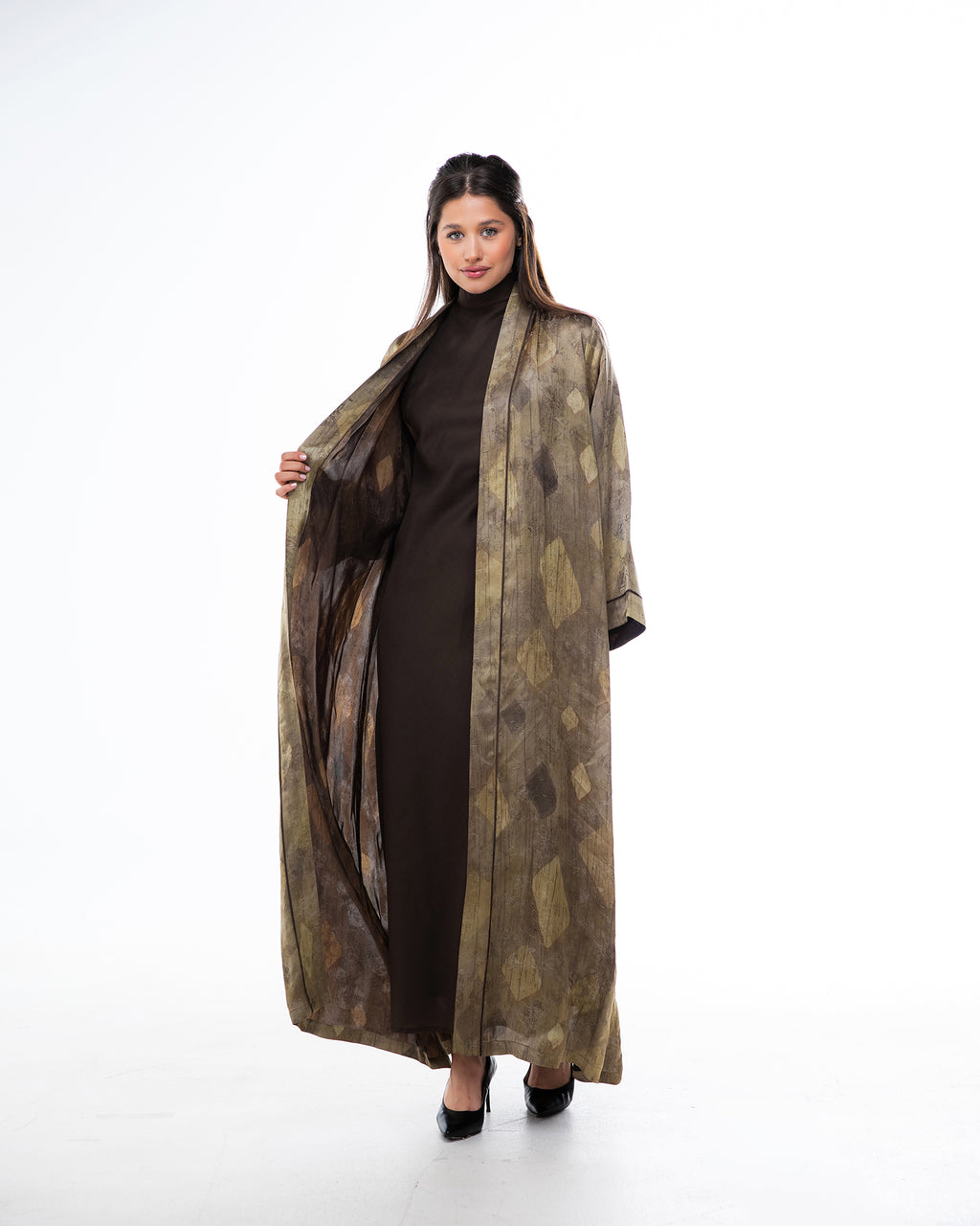 Brass 2.0 – Printed Silk Blend Flared Abaya
