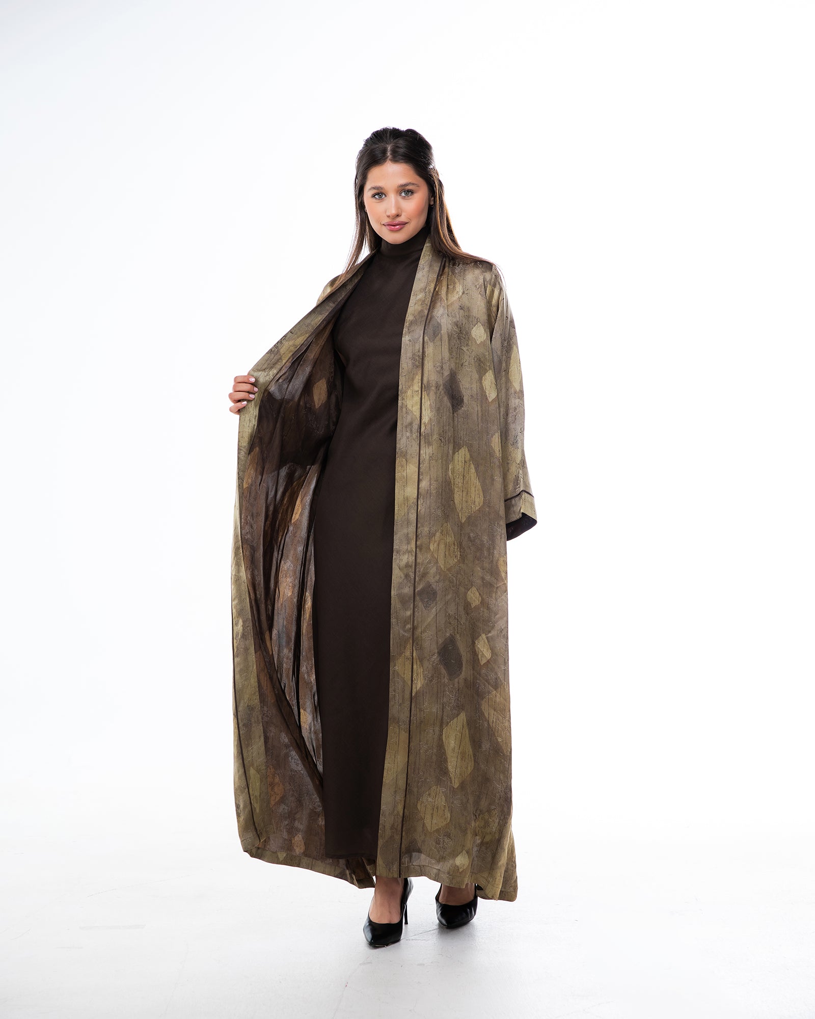 Brass 2.0 – Printed Silk Blend Flared Abaya