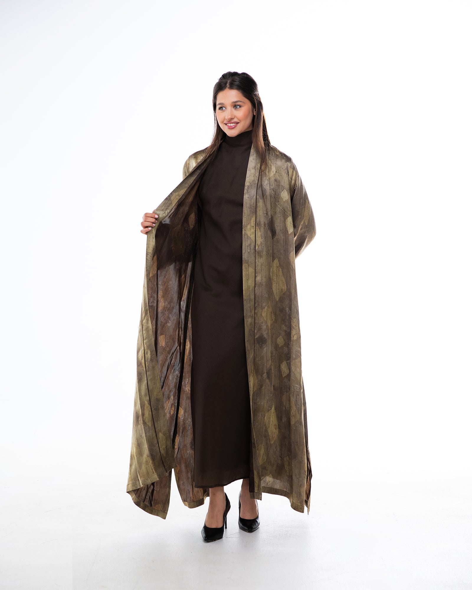 Brass 2.0 – Printed Silk Blend Flared Abaya
