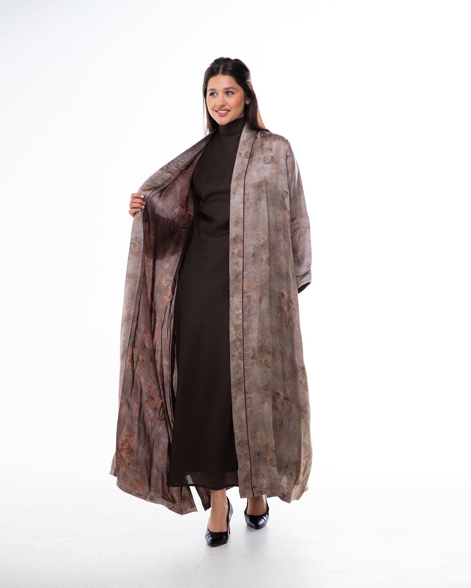 Brass 2.0 – Printed Silk Blend Flared Abaya
