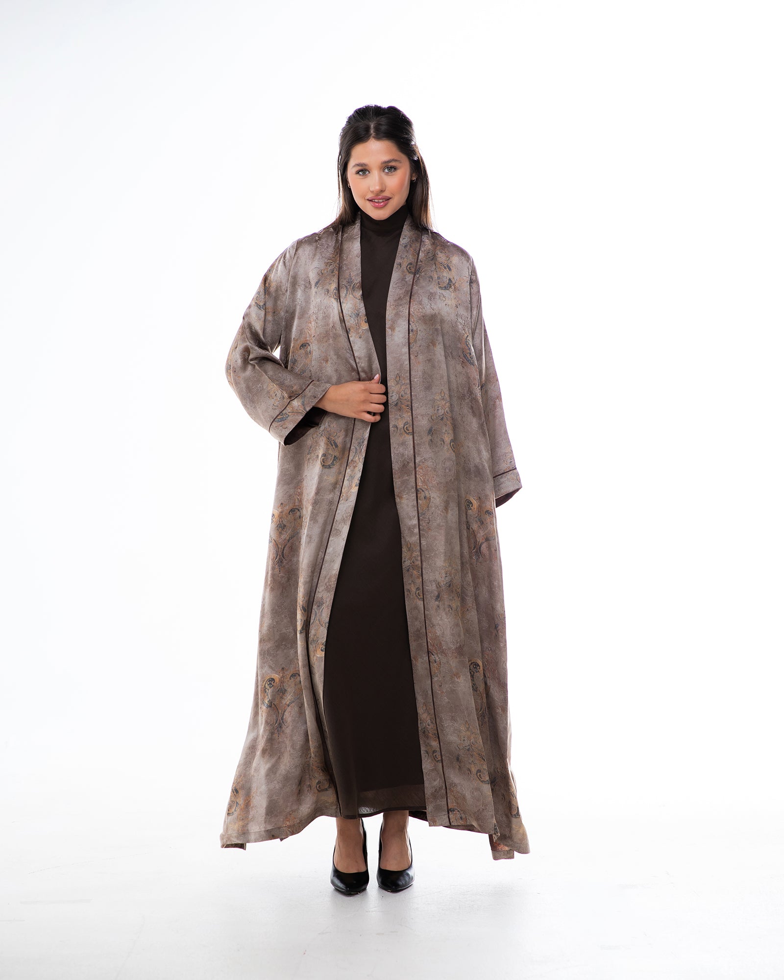 Brass 2.0 – Printed Silk Blend Flared Abaya