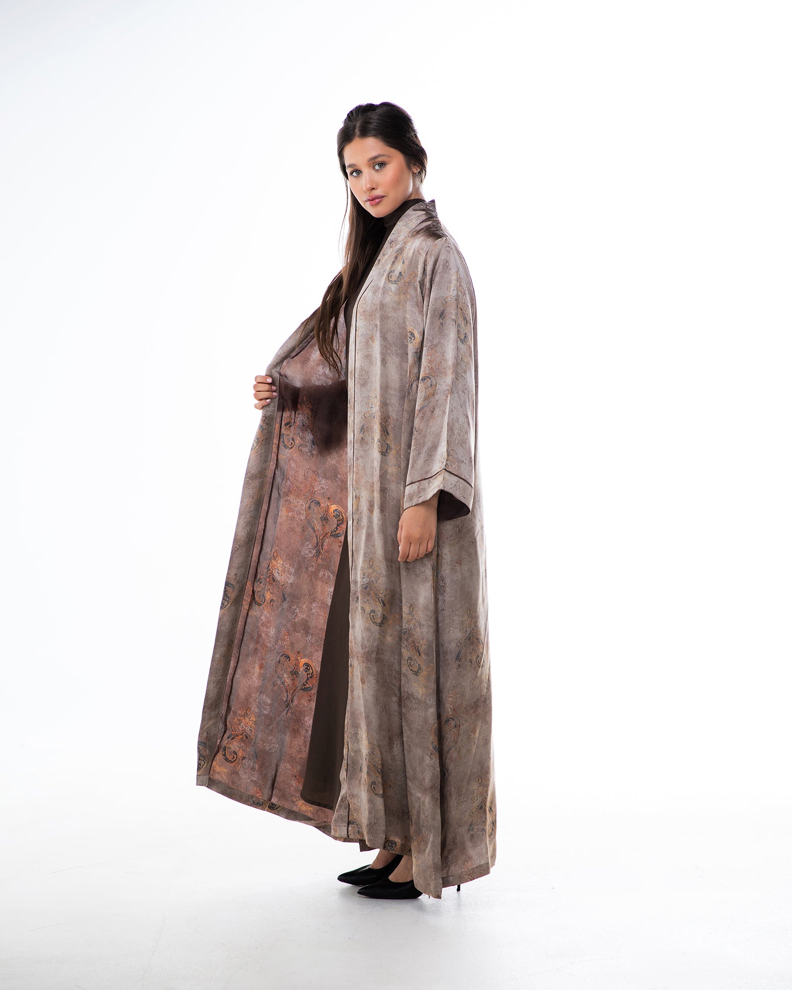 Brass 2.0 – Printed Silk Blend Flared Abaya