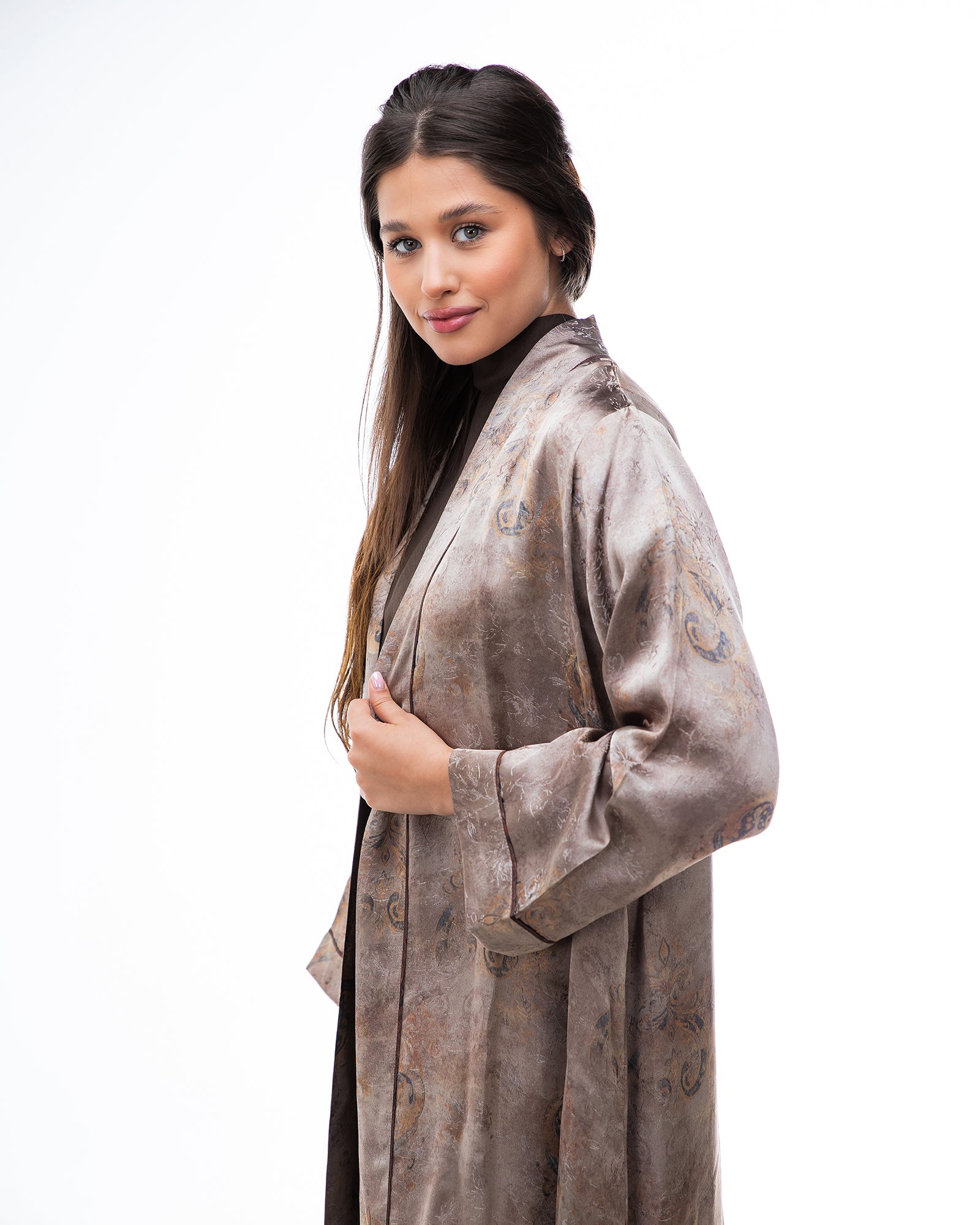 Brass 2.0 – Printed Silk Blend Flared Abaya