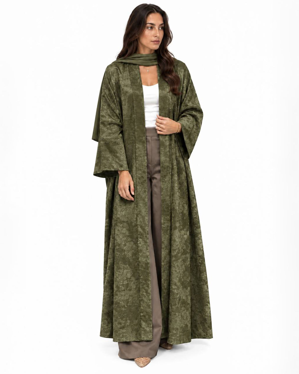 Mocha 2.0 – Floral Woven Viscose Linen Kaftan Abaya