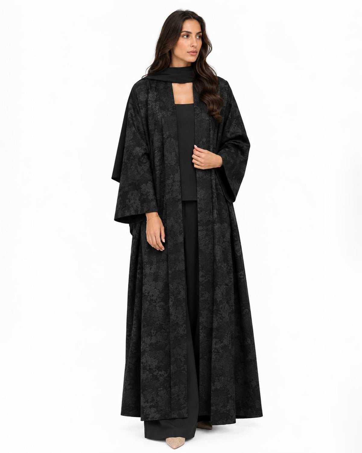 Mocha 2.0 – Floral Woven Viscose Linen Kaftan Abaya